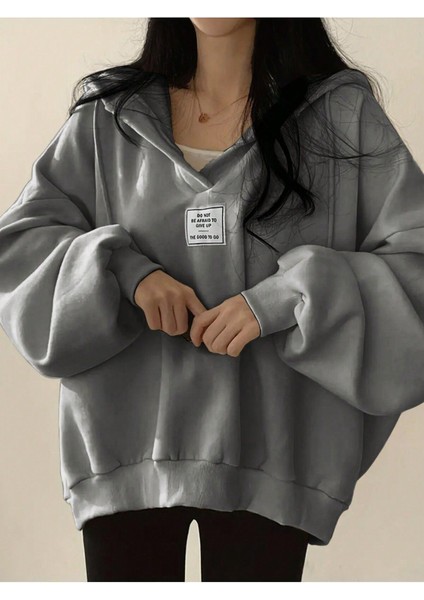 Unisex V-Yaka Kapüşonlu Basic Oversize Swetshirt