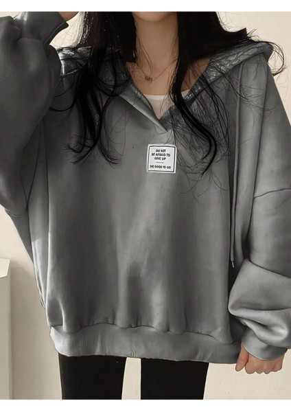 Unisex V-Yaka Kapüşonlu Basic Oversize Swetshirt fırsatları