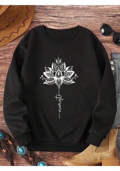 Siyah Mandala Baskılı Oversize Bisiklet Yaka Sweatshirt fiyatları