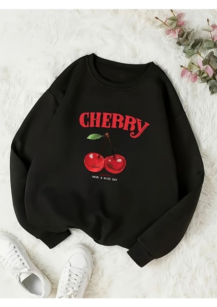 Cherry Baskılı Bisiklet Yaka Kadın Sweatshirt