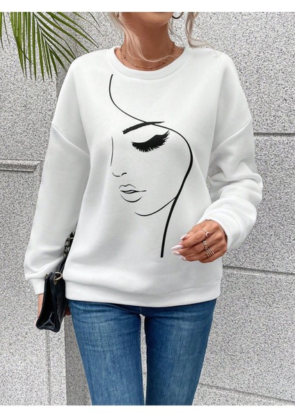 Kadın Tasarım Baskılı Oversize Bisiklet Yaka Sweatshirt fiyatları