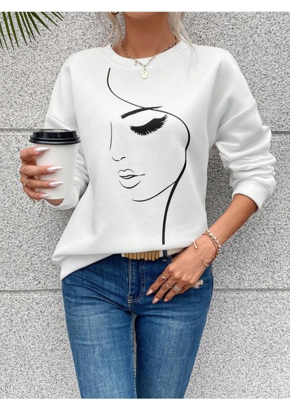 Kadın Tasarım Baskılı Oversize Bisiklet Yaka Sweatshirt fırsatları