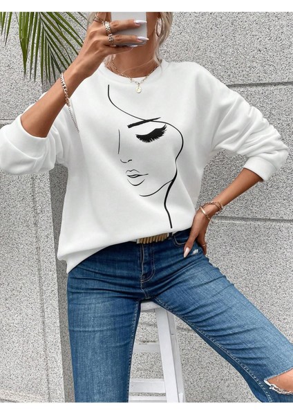 Kadın Tasarım Baskılı Oversize Bisiklet Yaka Sweatshirt indirimleri