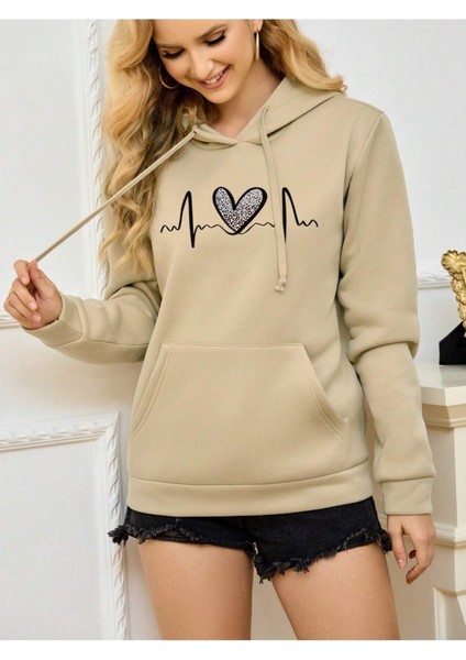 Leopar Kalp Ritmi Baskılı Ünisex Yeşil Kapüşonlu Oversize Sweatshirt