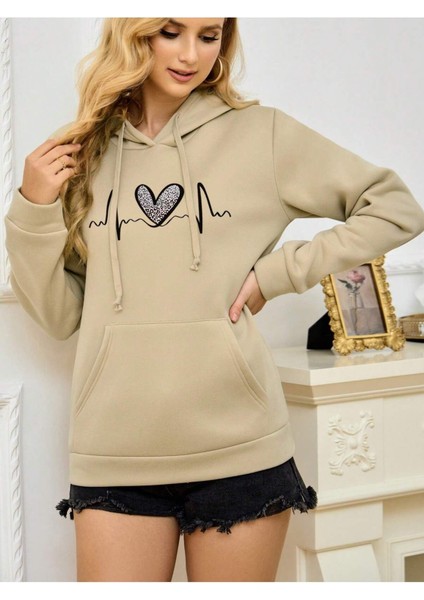 Leopar Kalp Ritmi Baskılı Ünisex Yeşil Kapüşonlu Oversize Sweatshirt modelleri