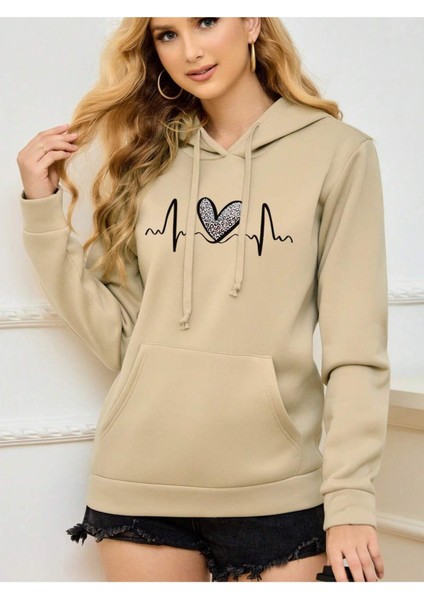 Leopar Kalp Ritmi Baskılı Ünisex Yeşil Kapüşonlu Oversize Sweatshirt indirimleri