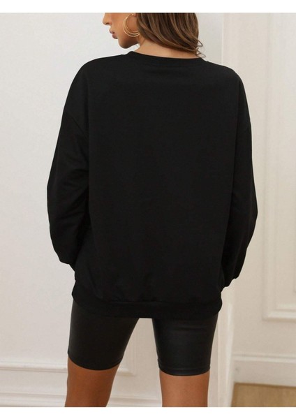 Game Night Baskılı Bisiklet Yaka Ünisex Siyah Oversize Sweatshirt modelleri