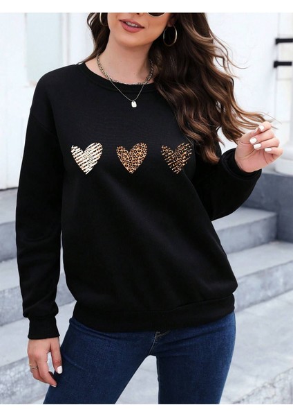 Minimal 3lü Kalp Baskılı Bisiklet Yaka Unisex Oversize Sweatshirt
