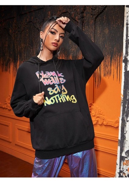 Black Walls Stay Nothing Baskılı Ünisex Siyah Kapüşonlu Oversize Sweatshirt