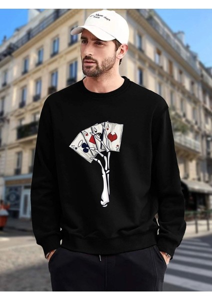 Iskambil Kağıt Baskılı Siyah Bisiklet Yaka Oversize Sweatshirt