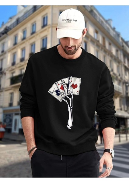 Iskambil Kağıt Baskılı Siyah Bisiklet Yaka Oversize Sweatshirt modelleri