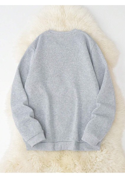 Kurdele Baskılı Kadın Oversiz Gri Sweatshirt modelleri