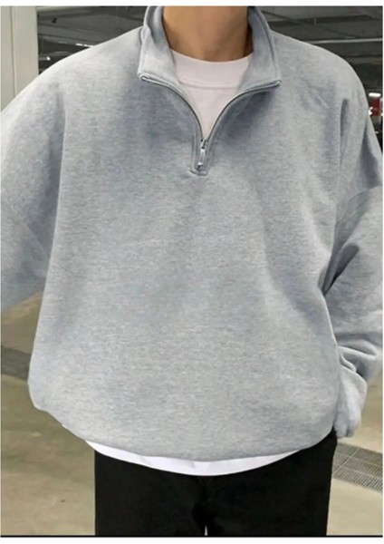 Gri Dik Yaka Yarım Fermuarlı Düz Kazak Sweatshirt