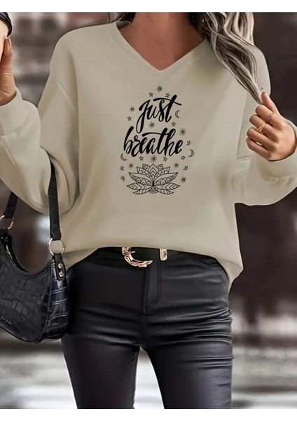 Unisex V-Yaka Bej Kadın Oversize Sweatshirt Unisex
