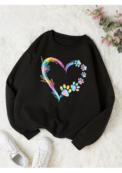 Patili Kalp Baskılı Bisiklet Yaka Ünisex Siyah Oversize Sweatshirt