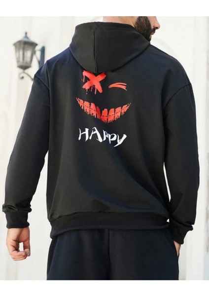 Happy Baskılı Erkek Kapüşonlu Kanguru Cep Ünisex Oversize Sweatshirt