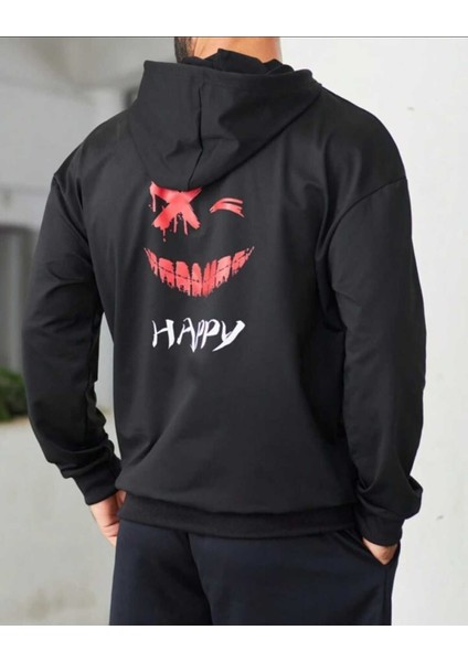 Happy Baskılı Erkek Kapüşonlu Kanguru Cep Ünisex Oversize Sweatshirt