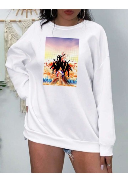 Voleybol Milli Takımı Vargas Ebrar Baskılı Bisiklet Yaka Beyaz Ünisex Boyfirend Oversize Sweatshirt