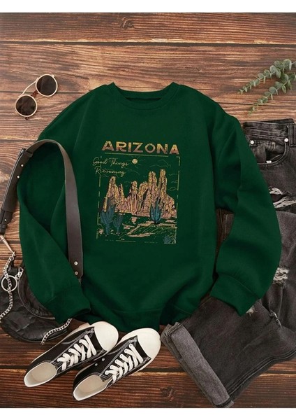 Unisex Yeşil Arızona Baskılı Oversize Sweatshirt