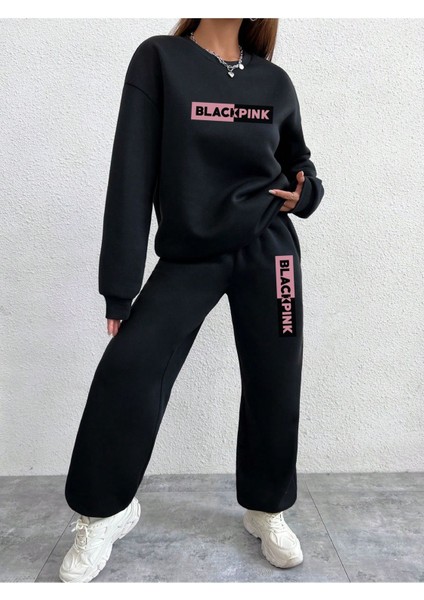 Siyah Black Pink Kapşonlu Sweatshirt Alt Üst Takım