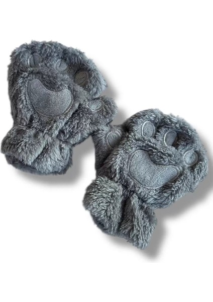 Kız Erkek Çocuk Parmaksız Patili Gri Peluş Eldiven