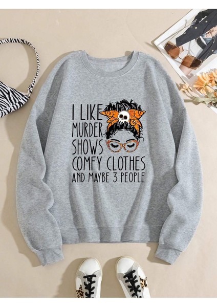 Kadın Baskılı Oversize Sıfır Yaka Sweatshirt