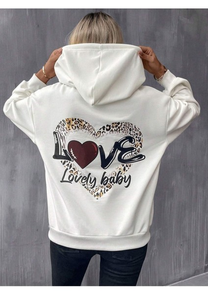Lovely Baby Baskılı Ünisex Beyaz Kapüşonlu Oversize Sweatshirt
