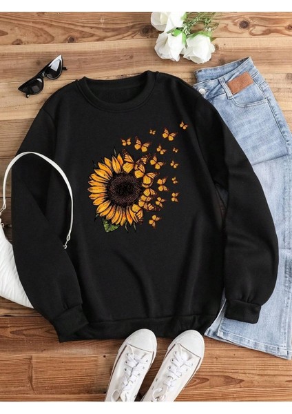 Ay Çiçeği Kelebek Baskılı Bisiklet Yaka Ünisex Siyah Oversize Sweatshirt