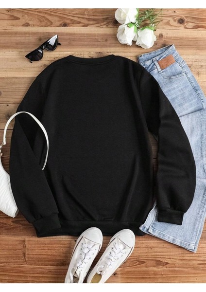 Ay Çiçeği Kelebek Baskılı Bisiklet Yaka Ünisex Siyah Oversize Sweatshirt fiyatları