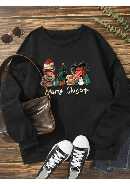 New Years Baskılı Bisiklet Yaka Siyah Ünisex Oversize Sweatshirt