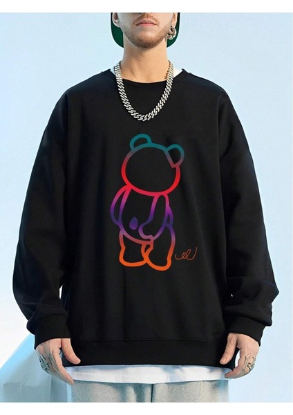 Color Bear Baskılı Bisiklet Yaka Ünisex Siyah Oversize Sweatshirt