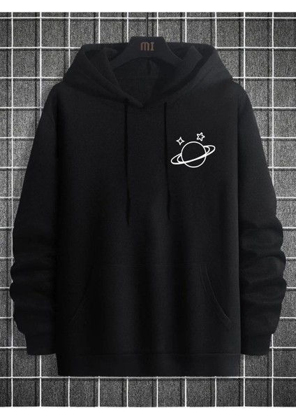 Gezegen Baskılı Siyah Kapüşonlu Kanguru Cep Ünisex Oversize Sweatshirt