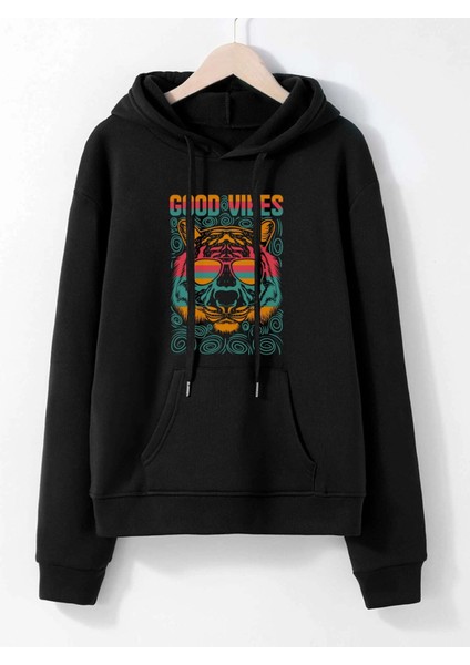 Good Vibes Baskılı Oversize Kapüşonlu Sweatshirt