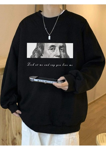George Washington Baskılı Siyah Bisiklet Yaka Oversize Sweatshirt