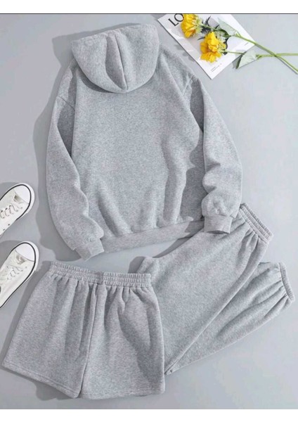 3'lü Şortlu Eşofman Takımı Kapşonlu Sweatshirt Alt Üst Takım Oversize