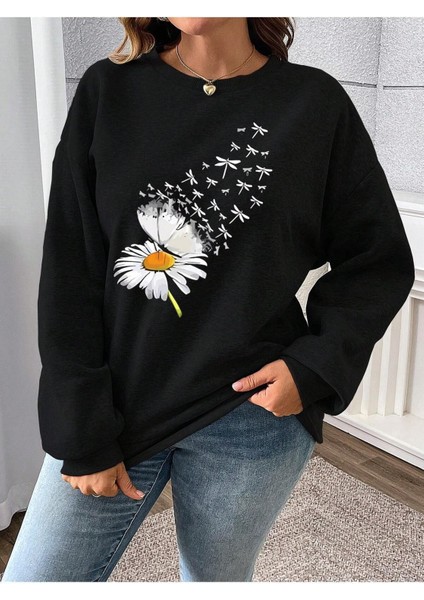 Papatya Baskılı Oversiz Bisiklet Yaka Kadın Sweatshirt