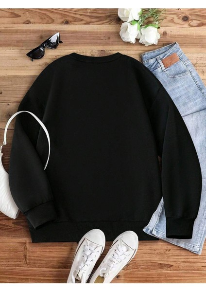 Papatya Baskılı Oversiz Bisiklet Yaka Kadın Sweatshirt modelleri
