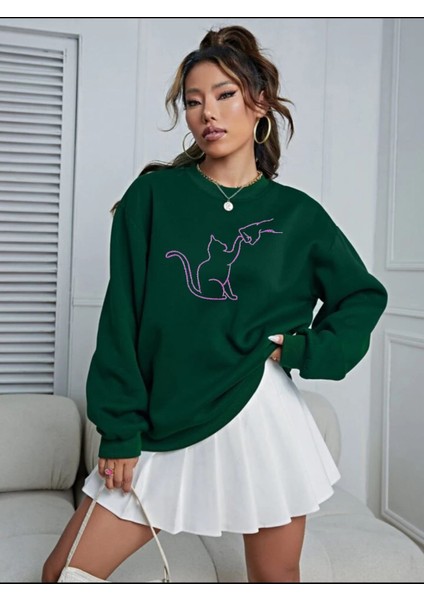Kedi Dostu Baskılı Bisiklet Yaka Ünisex Oversize Sweatshirt