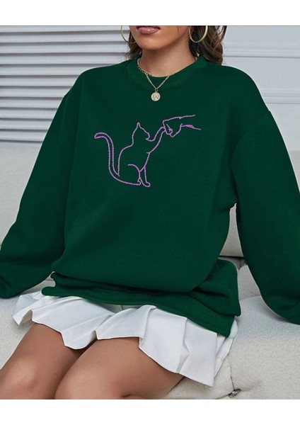 Kedi Dostu Baskılı Bisiklet Yaka Ünisex Oversize Sweatshirt modelleri
