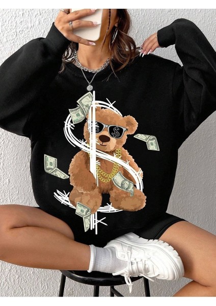 Dolarlı Ayı Baskılı Bisiklet Yaka Ünisex Siyah Oversize Sweatshirt