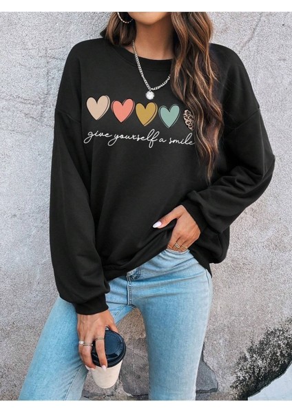 5li Kalp Baskılı Bisiklet Yaka Ünisex Siyah Oversize Sweatshirt
