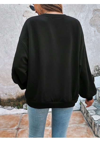 5li Kalp Baskılı Bisiklet Yaka Ünisex Siyah Oversize Sweatshirt fiyatları
