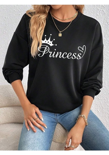 Princess Yazı Baskılı Bisiklet Yaka Ünisex Siyah Oversize Sweatshirt