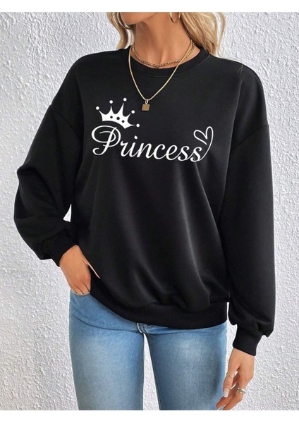Princess Yazı Baskılı Bisiklet Yaka Ünisex Siyah Oversize Sweatshirt fiyatları