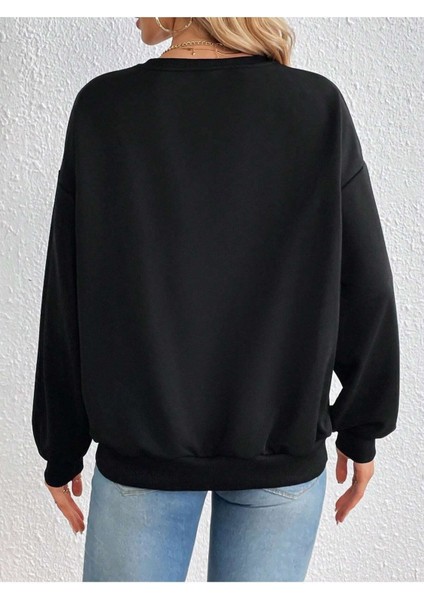 Princess Yazı Baskılı Bisiklet Yaka Ünisex Siyah Oversize Sweatshirt modelleri