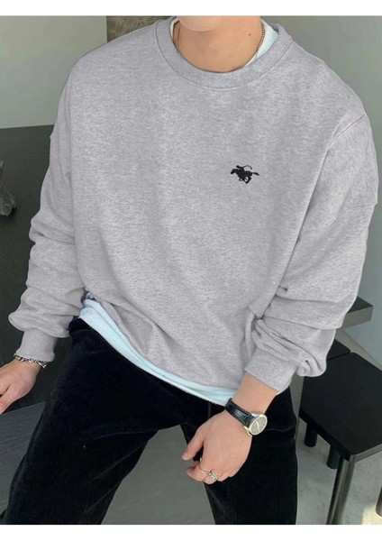 Horse Baskılı Gri Bisiklet Yaka Oversize Sweatshirt