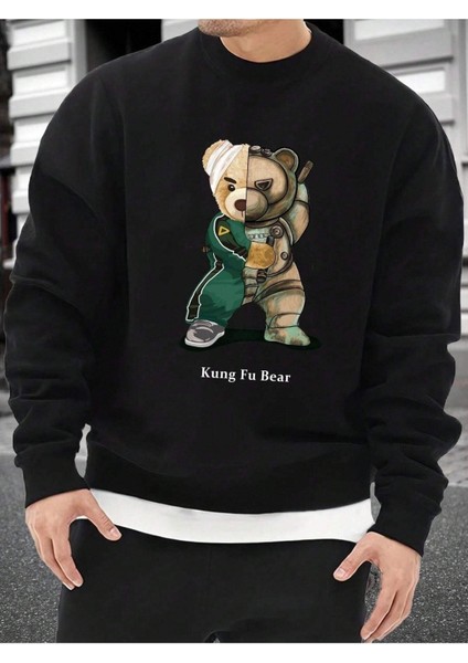 Kung Fu Bear Baskılı Bisiklet Yaka Ünisex Siyah Oversize Sweatshirt