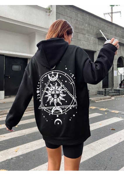 Ay Tutulması Baskılı Kapüşonlu Ünisex Oversize Sweatshirt