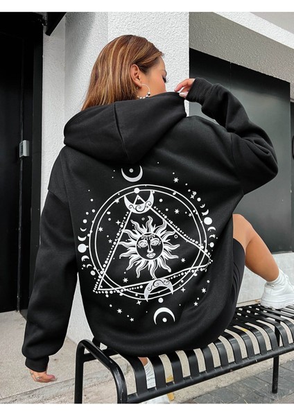 Ay Tutulması Baskılı Kapüşonlu Ünisex Oversize Sweatshirt fiyatları