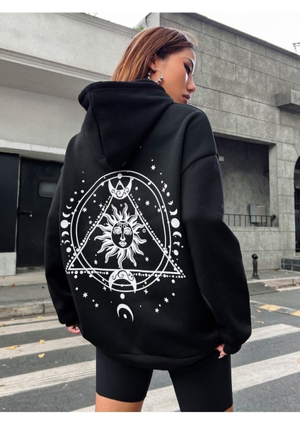 Ay Tutulması Baskılı Kapüşonlu Ünisex Oversize Sweatshirt fırsatları